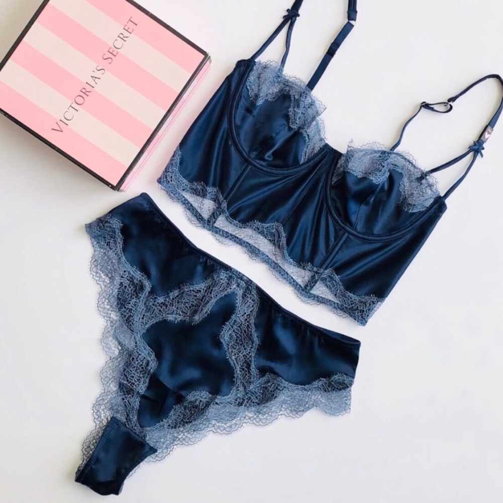 Victoria's Secret Navy Satin Lace Longline Bralette & Lace Bikini